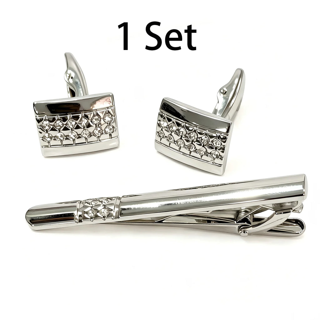 Cuff and Tie Clip Set – Silver Cufflinks for Men with Matching Tie Bar, Gift Boxed, for Business Meeting,Daily Casual,or Wedding