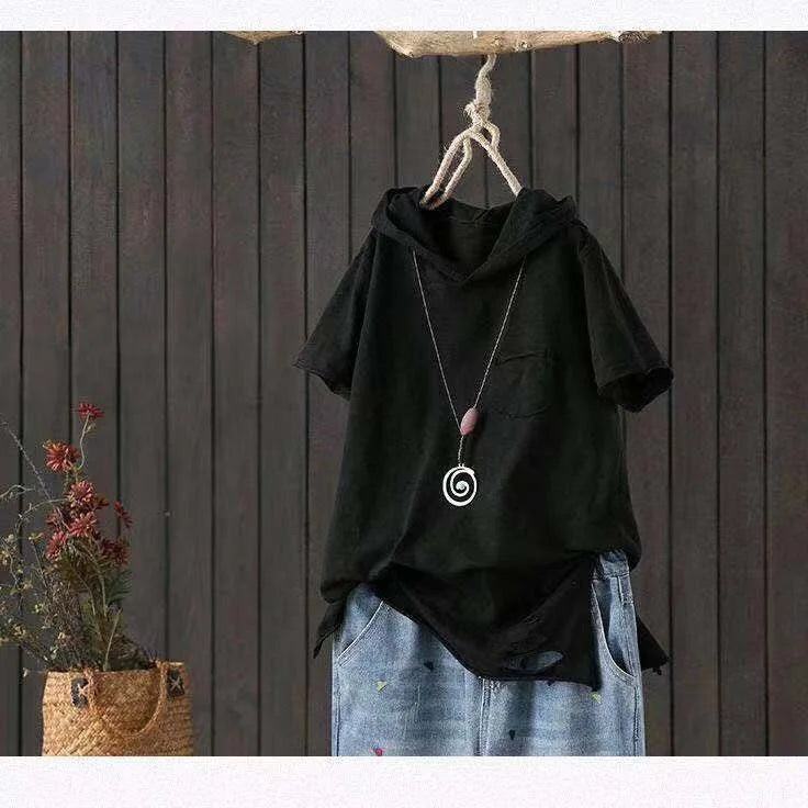 Women's Hooded T-shirt 2025 Original 95% Cotton Summer New Style Loose Cotton Short-sleeved Literary Hole Casual Women Clothing