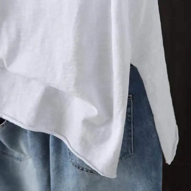 Women's Hooded T-shirt 2025 Original 95% Cotton Summer New Style Loose Cotton Short-sleeved Literary Hole Casual Women Clothing