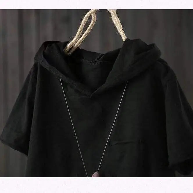 Women's Hooded T-shirt 2025 Original 95% Cotton Summer New Style Loose Cotton Short-sleeved Literary Hole Casual Women Clothing