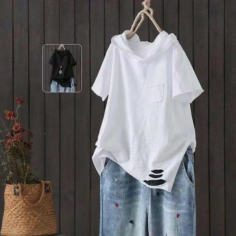 Women's Hooded T-shirt 2025 Original 95% Cotton Summer New Style Loose Cotton Short-sleeved Literary Hole Casual Women Clothing
