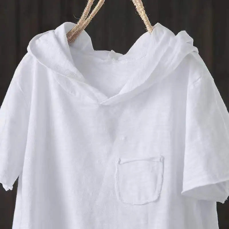 Women's Hooded T-shirt 2025 Original 95% Cotton Summer New Style Loose Cotton Short-sleeved Literary Hole Casual Women Clothing