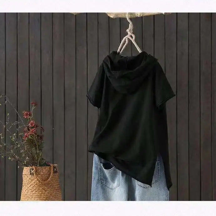 Women's Hooded T-shirt 2025 Original 95% Cotton Summer New Style Loose Cotton Short-sleeved Literary Hole Casual Women Clothing