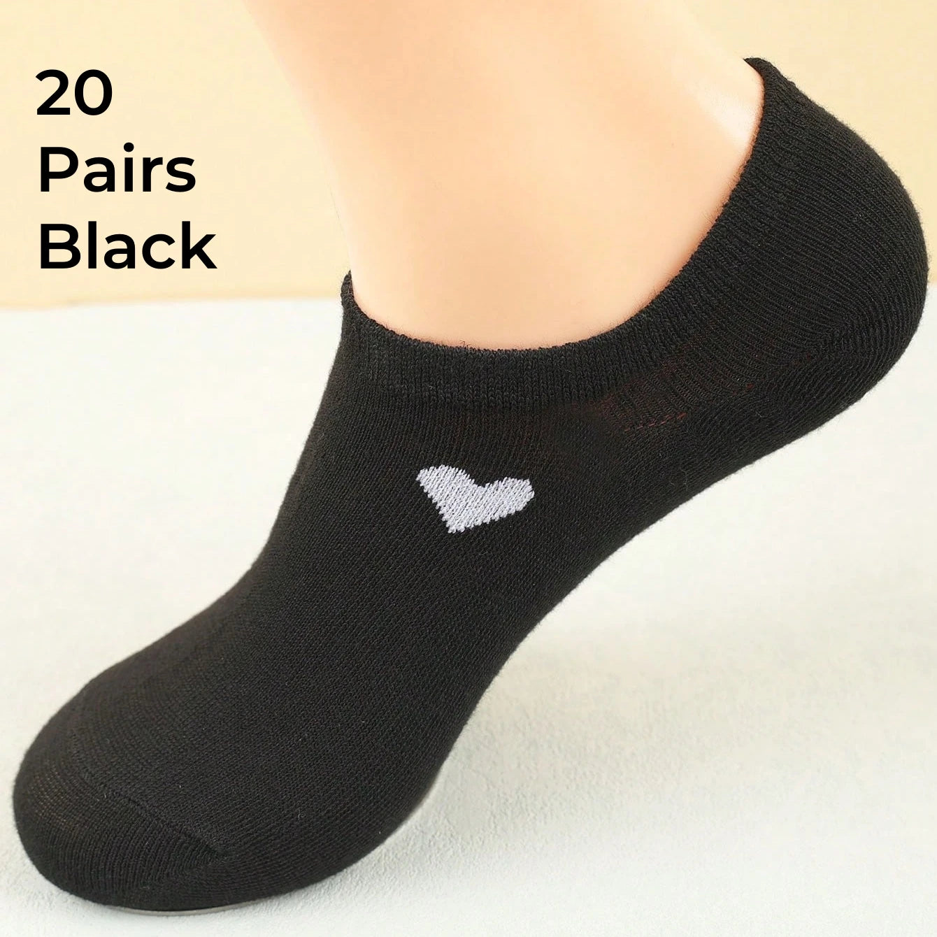 Women's No-Show Socks – Heart Pattern, Black, White & Gray, Versatile and Classic, Comfortable, Breathable, Moisture-Wicking