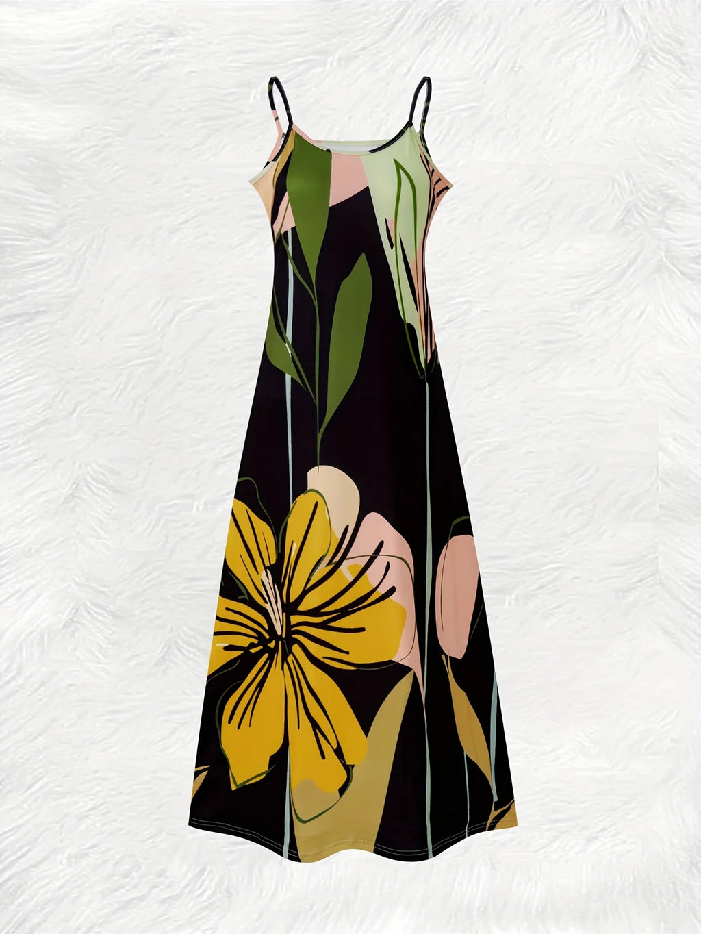 Summer Vacation Dress for Women Floral Print Yellow Green Long Sleeve A Line Dress Round Neck Casual Day Dress Beach Outfit