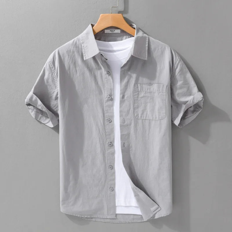 Summer New Casual Pure Cotton Thin Short Sleeve Shirts Men Clothing Soft Solid Color Streetwear FY969