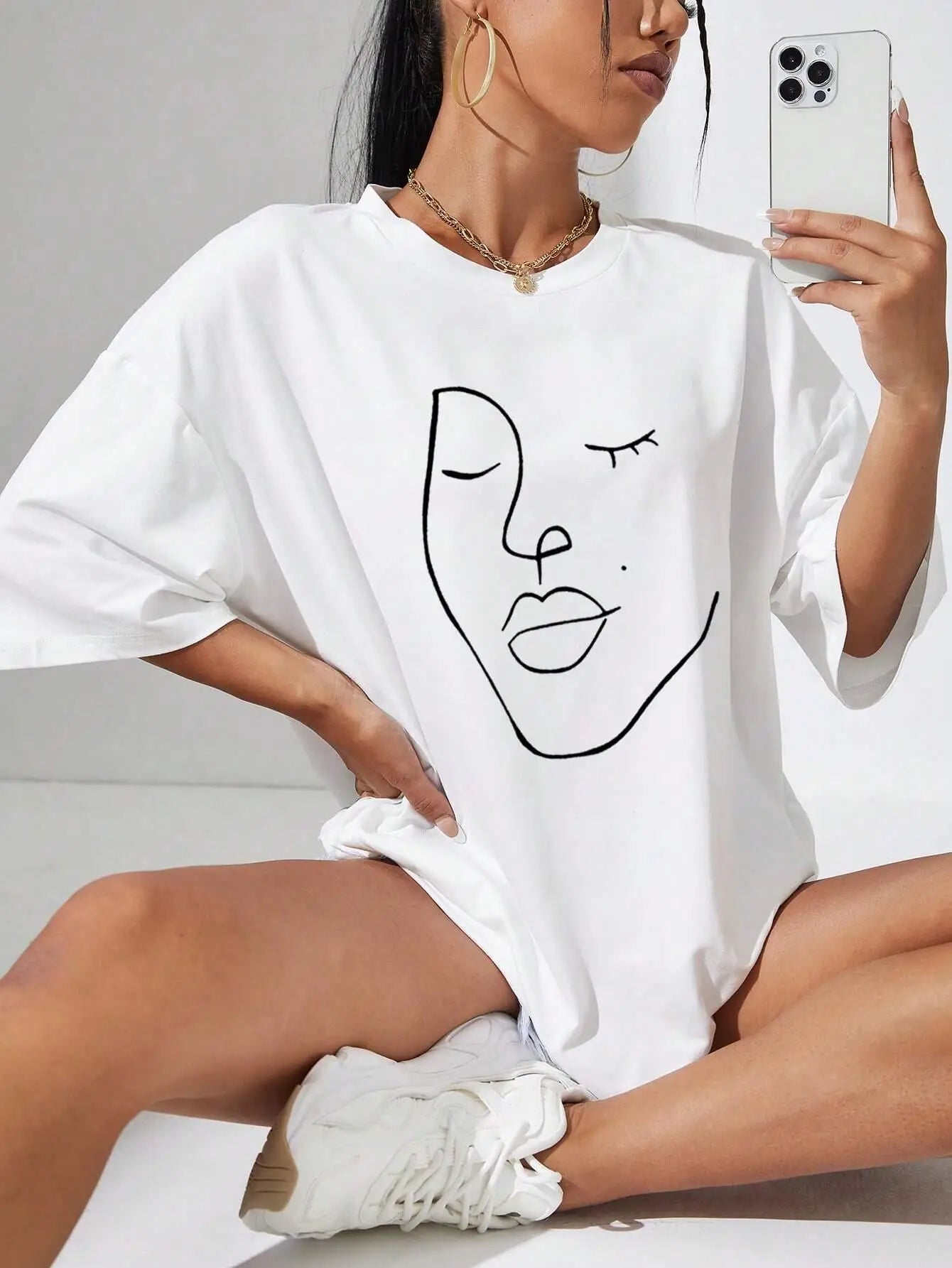 Simple Line Pattern Women's Face Printing tees Cotton Women T-Shirts Casual Soft Short Sleeve Tops Loose Comfortable Clothes
