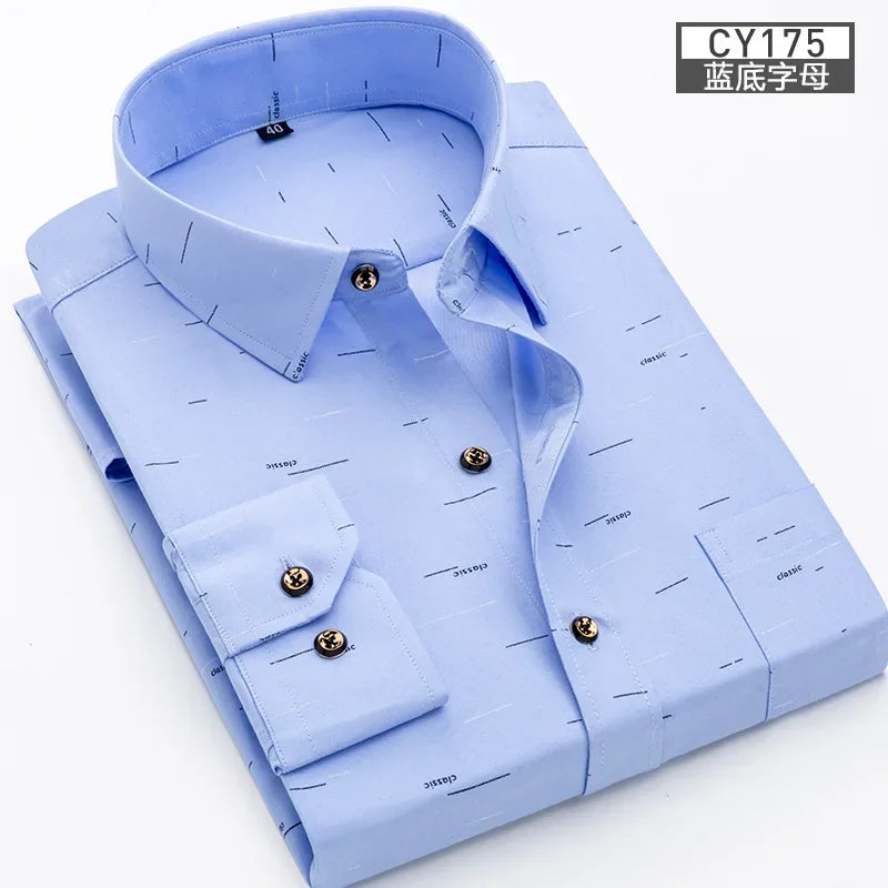 New Men's Printed Long Sleeve Shirt Korean Slim Youth Plaid Versatile Shirt Casual Fashion Floral Inch Shirt Iron-free Process