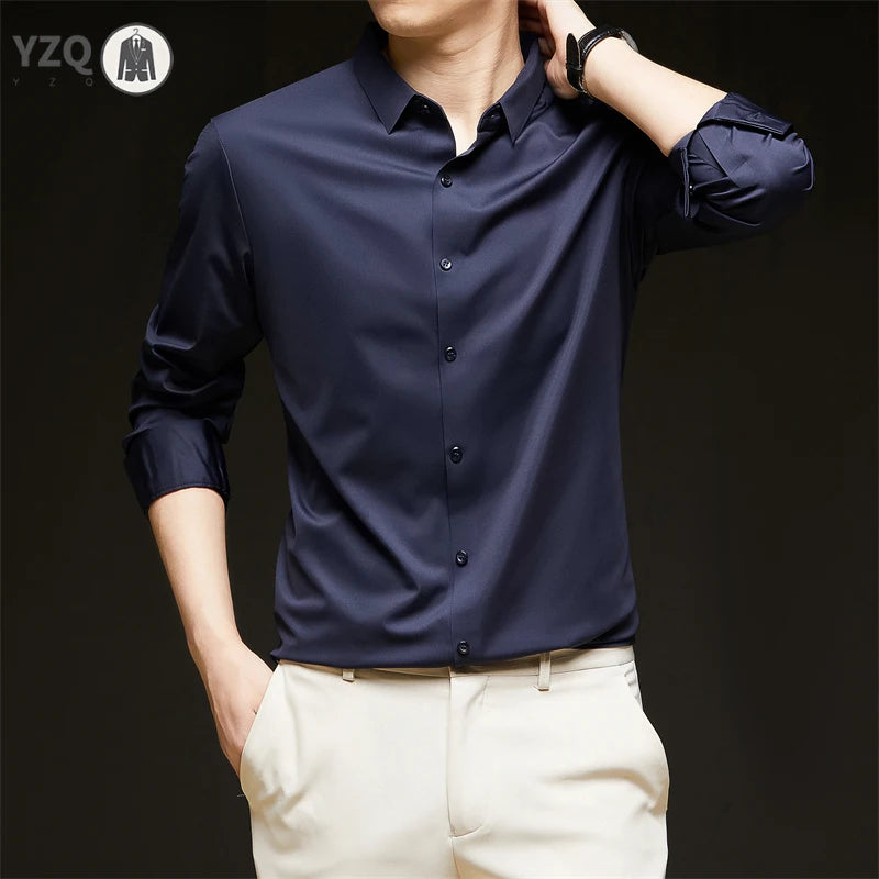 New Men's Business Casual Long Sleeved Solid Color Shirt Wrinkle Resistant Wrinkle Free Comfortable All Season Versatile Top