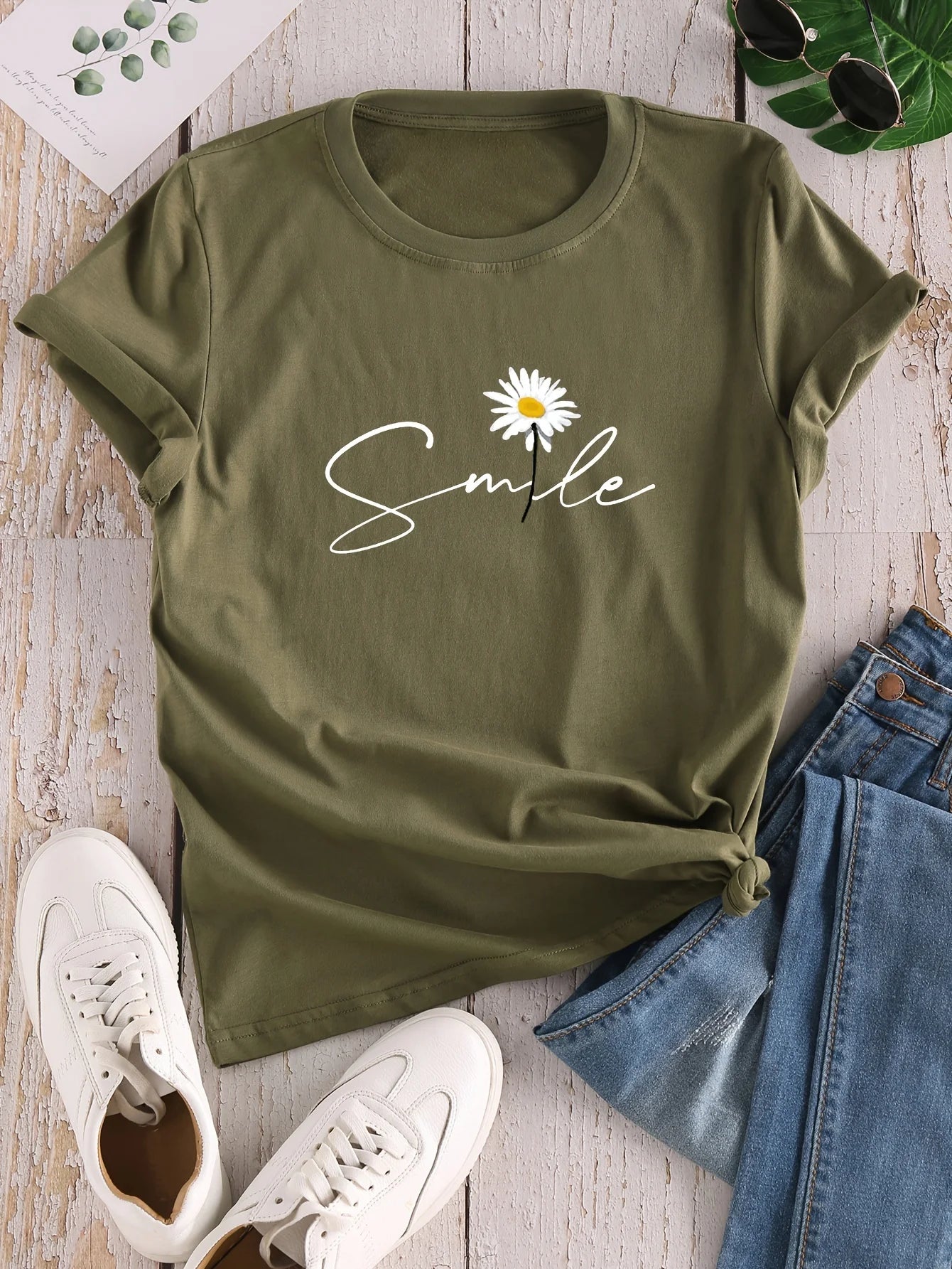 Flower & Letter Print Crew Neck T-Shirt, Casual Short Sleeve T-Shirt For Spring & Summer, Women's Clothing
