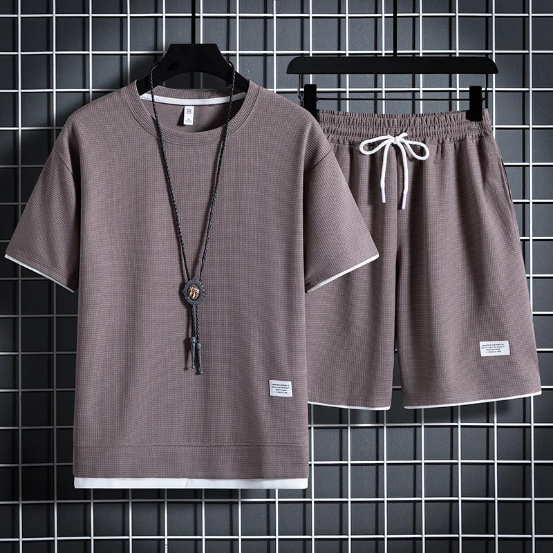 Summer Men's Waffle Sets Casual T-Shirt And Shorts Set Male Sports Suit Solid Color Tracksuit Loose Suits Size