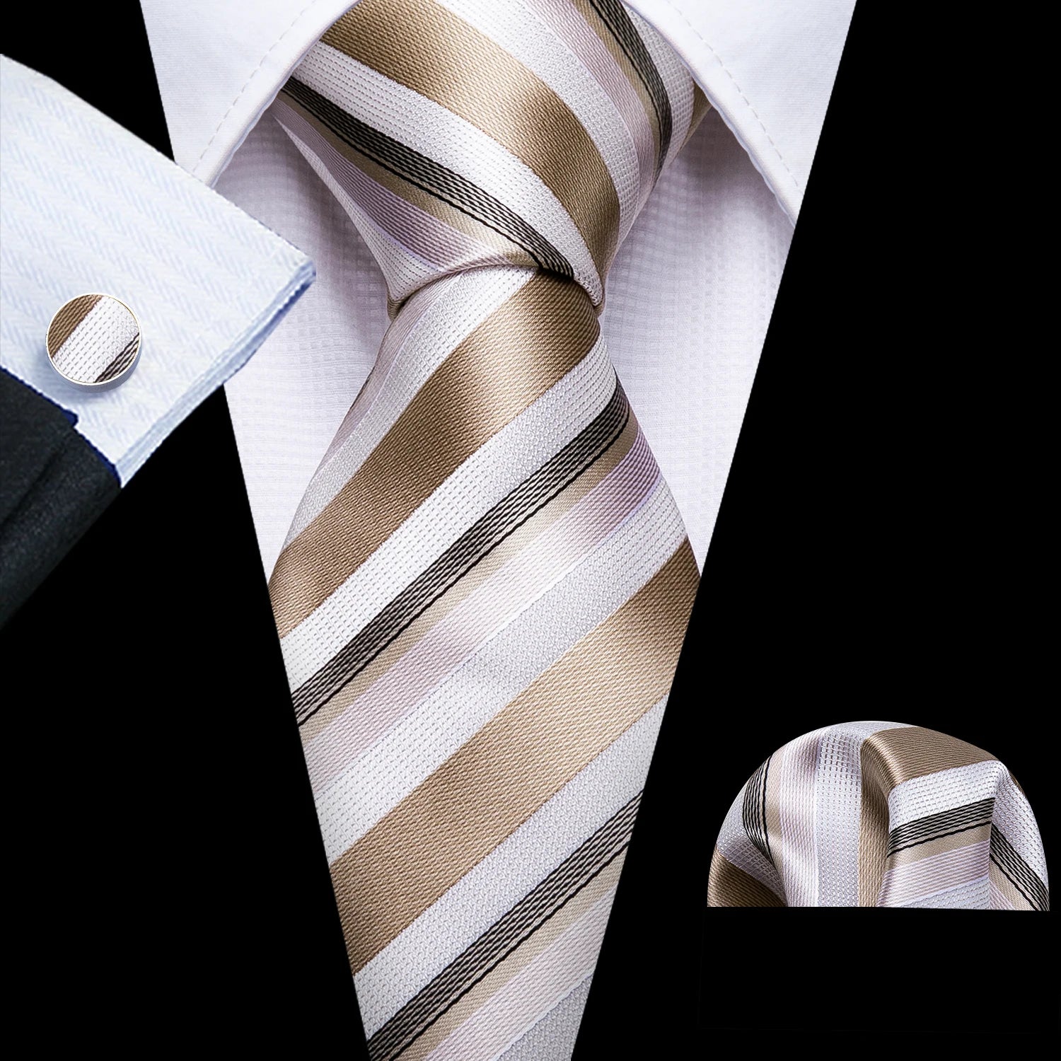 Male Luxury Neck Tie For Men Business Red Striped Tie Hanky Cufflinks Set Neckwear Wedding Party Casual