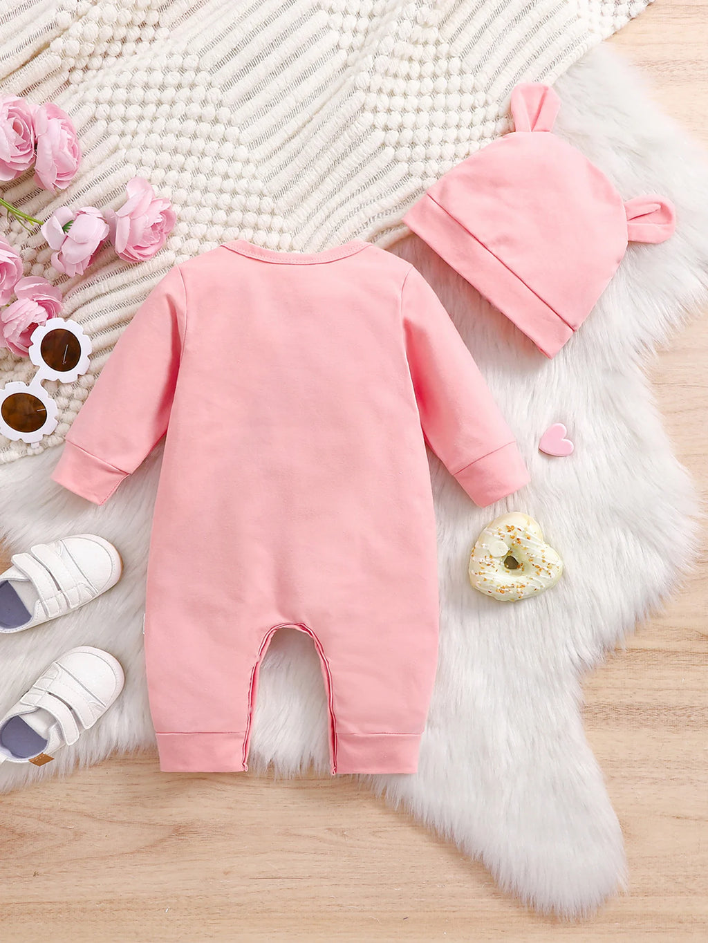 Newborn Baby Girl Romper with Hat, Cartoon Print Cotton Long Sleeve Infant Jumpsuit, Soft Breathable One-Piece Outfit for 3-12M