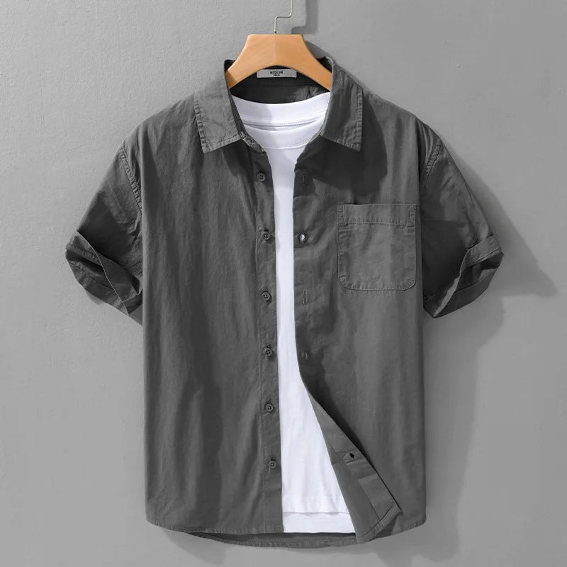 Summer New Casual Pure Cotton Thin Short Sleeve Shirts Men Clothing Soft Solid Color Streetwear FY969