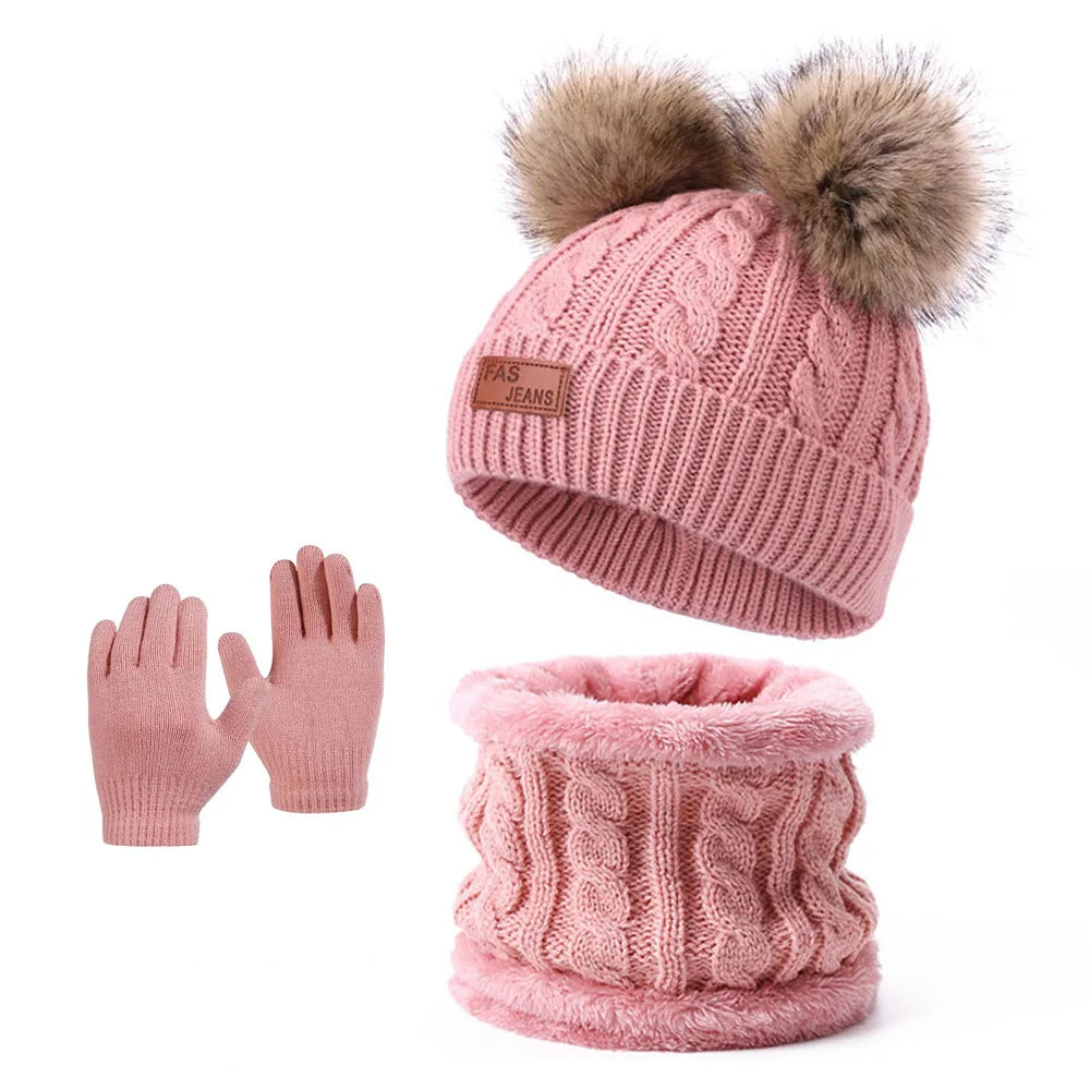 2025 Winter Warm Kids Hat Scarf Gloves Set Thickened Knit Pom Pom Beanie for Babies Soft and Cozy