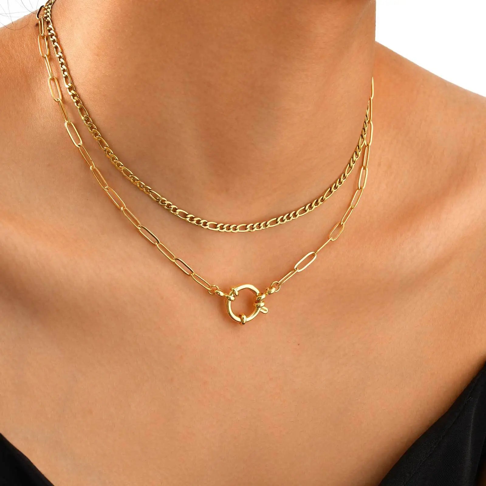 Trendy Layered Necklace for Women, 18K Gold Plated Stainless Steel Link Chain Modern Minimalist Jewelry