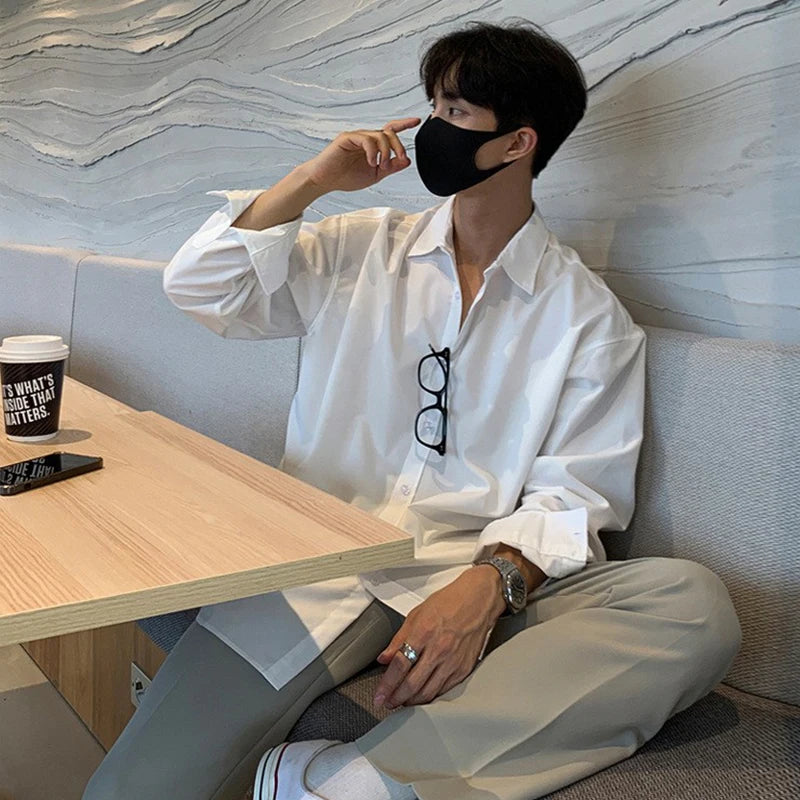 New Korean Business Men Shirts Light Luxury Slim-fit Solid Color Long Sleeve Cardigans Leisure Breathable Solid Color Basic Tops