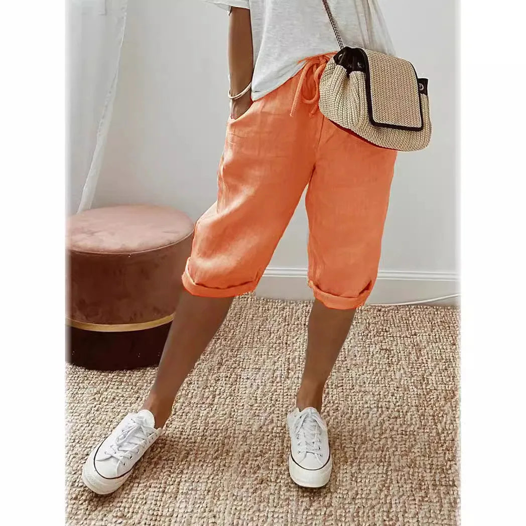 Shorts Women summer cotton linen elastic waist pocket elastic casual pants five quarter women's clothing YRW911
