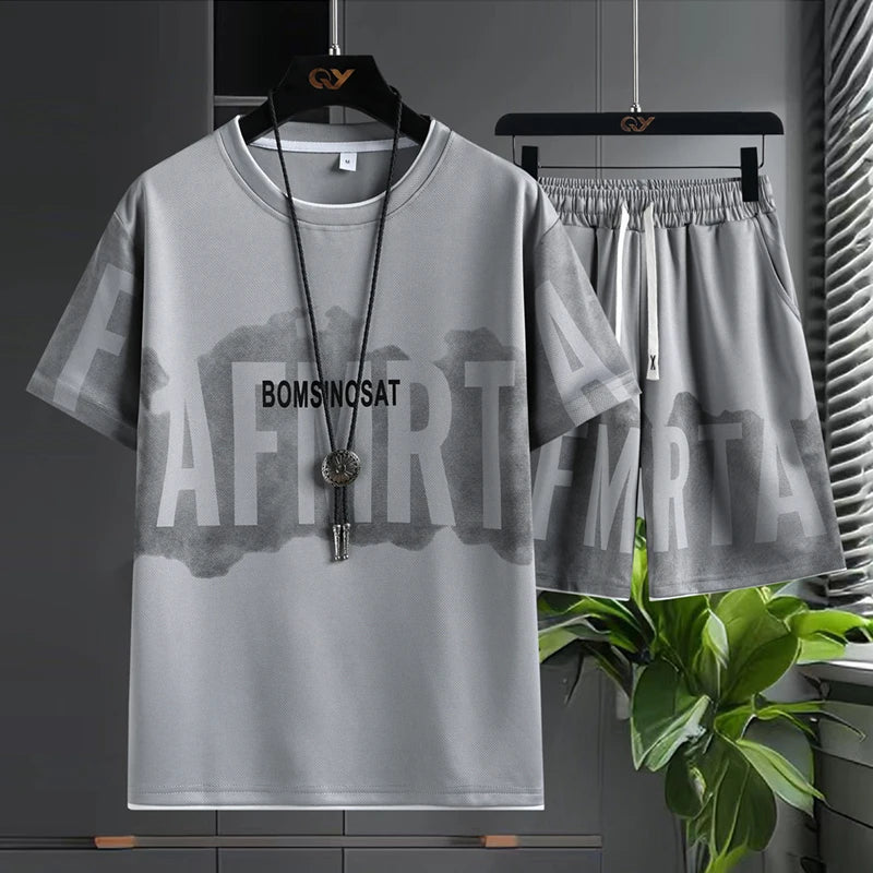 Men's 2-Piece Outfit Set: Graphic T-Shirt & Drawstring Shorts Casual Summer Set Vacation Clothes Gym Shorts Necklace Included