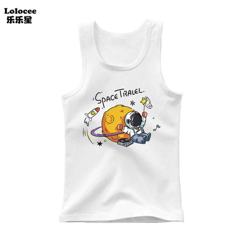 2024 Toddler Kid Clothes Summer Cotton Vest Top Boys Sleeveless Cartoon Dabbing Astronaut T-shirt Children Singlets