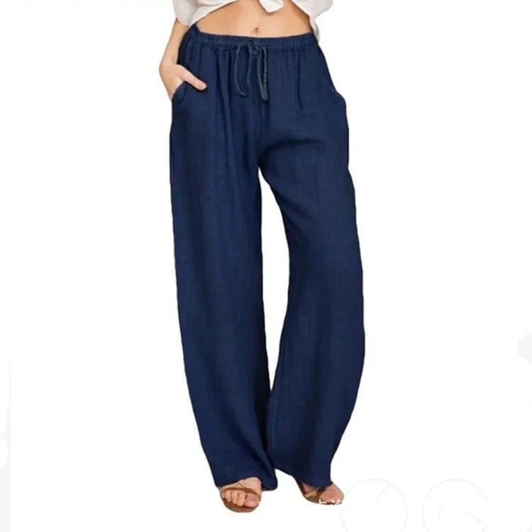 Women Cotton Linen Pants Solid Color Elastic Loose Drawstring Wide-Leg High Waist Trousers Female Stretch Straight Casual Pants