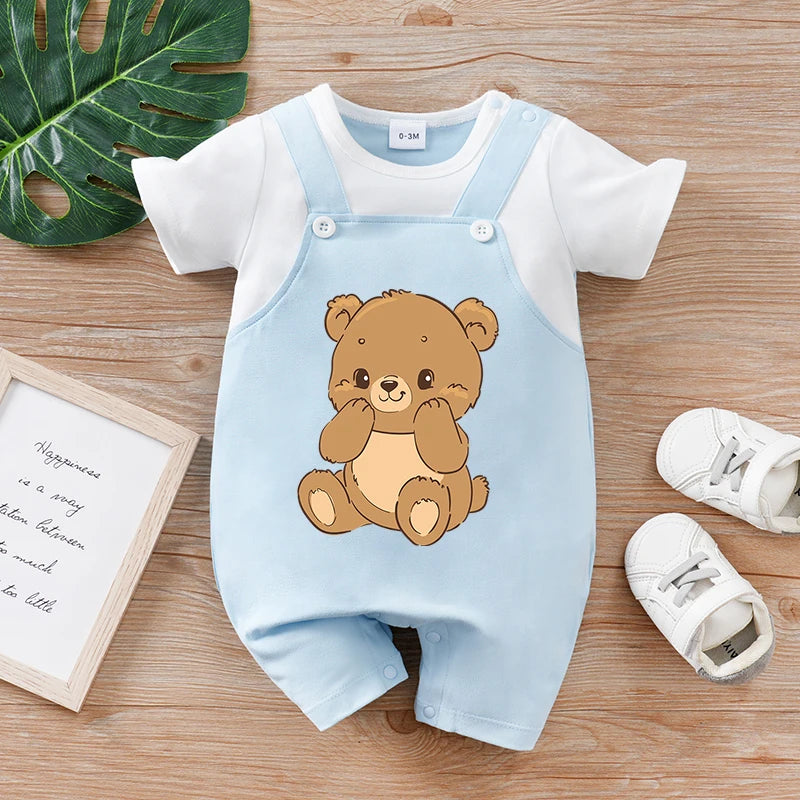 Newborn Baby Summer Short Sleeve Round Neck One-Piece Romper, Bear Print, Fake Two-Piece Strap, Soft & Comfortable