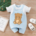 Newborn Baby Summer Short Sleeve Round Neck One-Piece Romper, Bear Print, Fake Two-Piece Strap, Soft & Comfortable