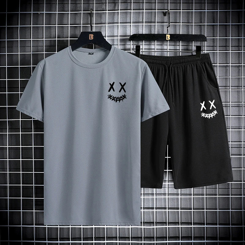 Men's summer sports suit round neck short sleeved T-shirt five quarter shorts slim fit fashion two-piece set men's clothing