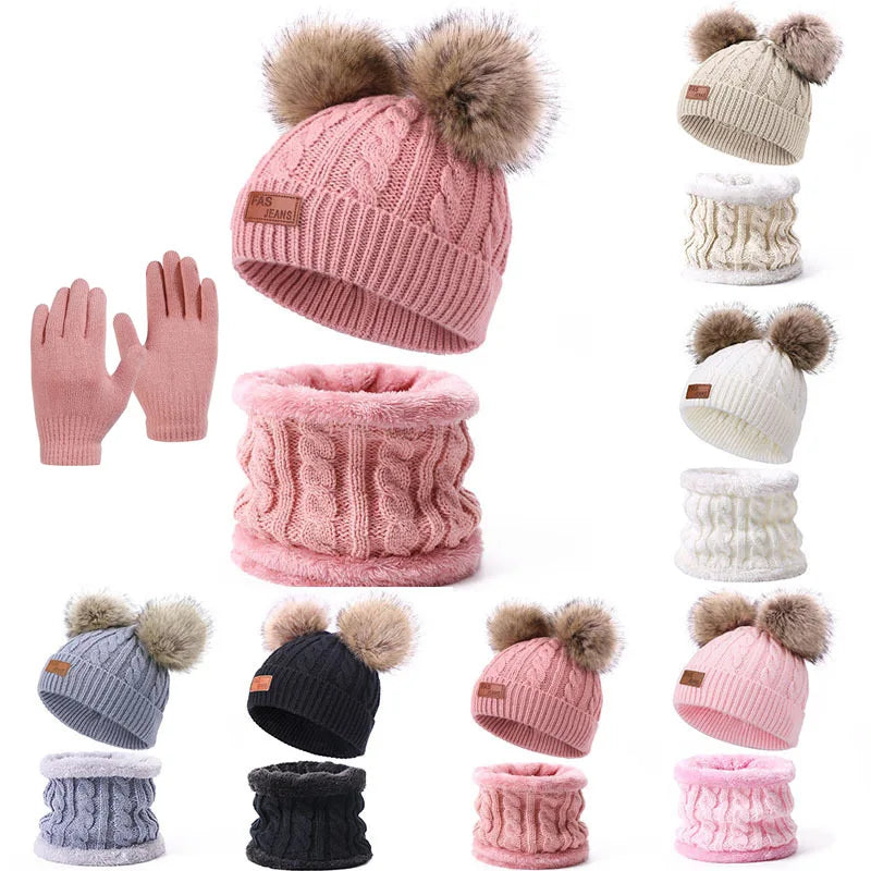 2025 Winter Warm Kids Hat Scarf Gloves Set Thickened Knit Pom Pom Beanie for Babies Soft and Cozy