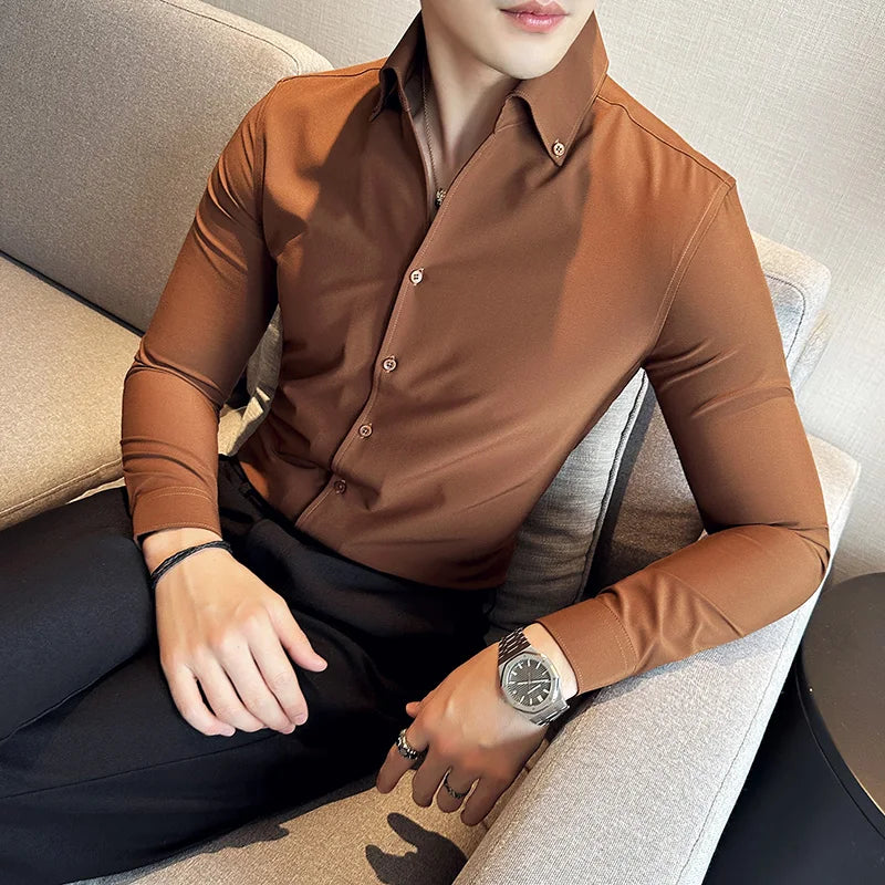 Men Dress Shirt 2026 Autumn British Style Solid Casual Slim Fit Formal Camisas V-neck Long Sleeves Shirt Streetwear Men Clothing