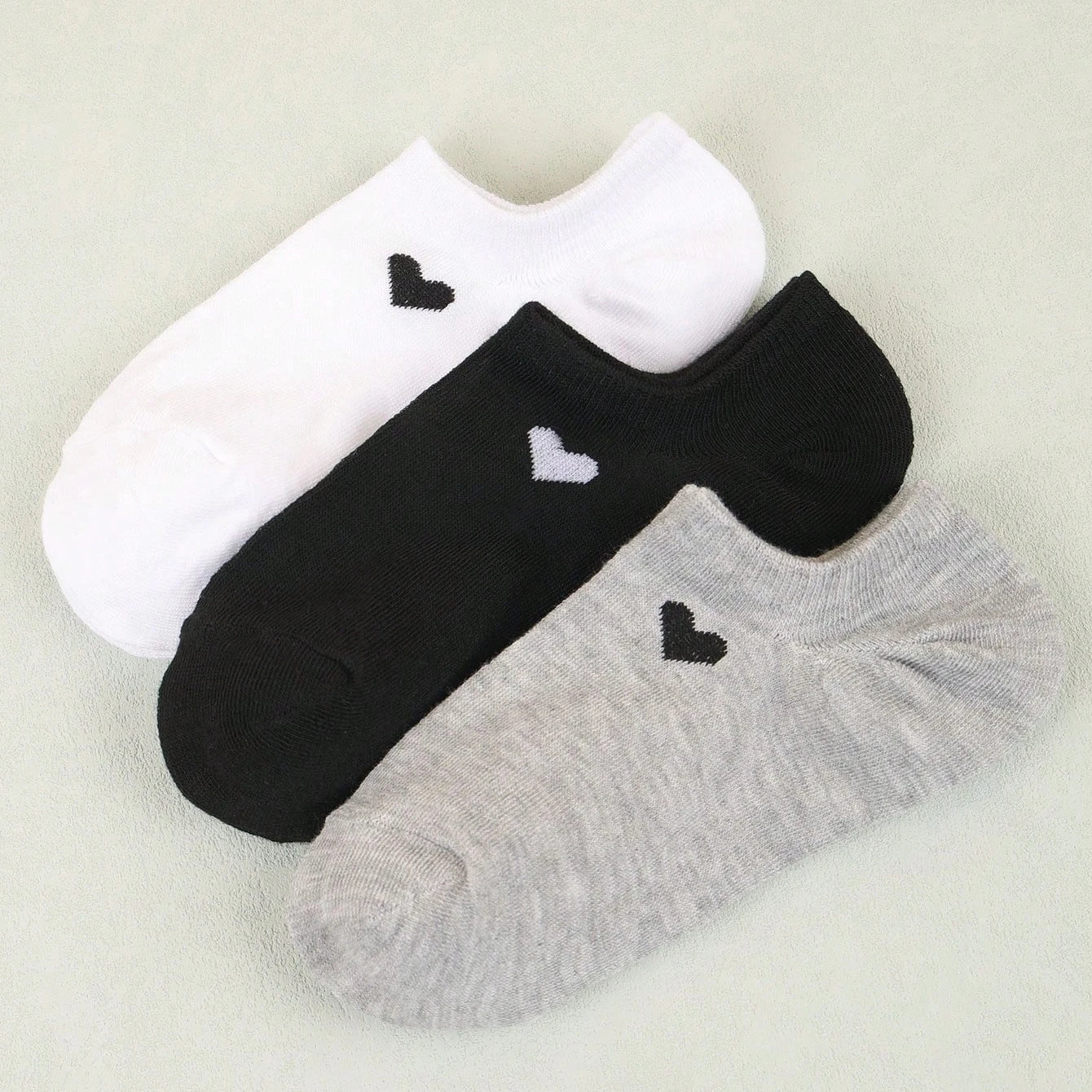 Women's No-Show Socks – Heart Pattern, Black, White & Gray, Versatile and Classic, Comfortable, Breathable, Moisture-Wicking