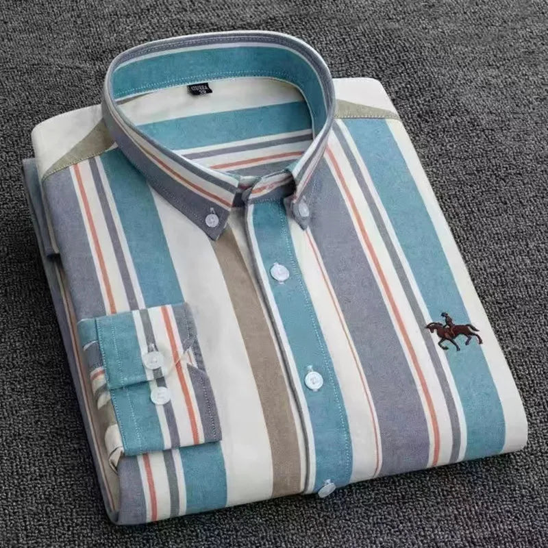 Basic Oxford Dress Shirt For Men Long Sleeve 100% Pure Cotton Solid  Casual Plaid Striped Social Business Male Regular-Fit S-6XL