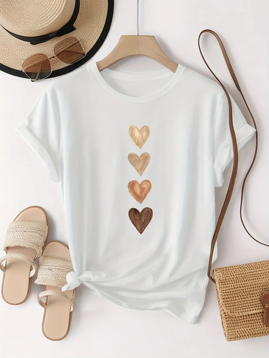 Women's Casual Short Sleeve T-Shirt with Four Heart Graphic Print - Black & Golden Medium Stretch Round Neck Novelty T-Shirt