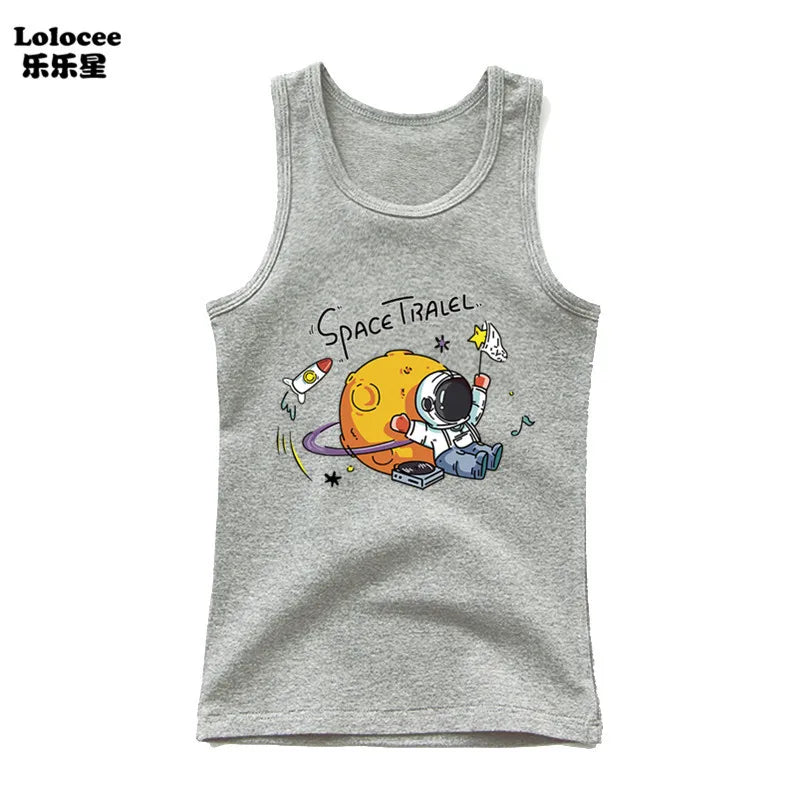 2024 Toddler Kid Clothes Summer Cotton Vest Top Boys Sleeveless Cartoon Dabbing Astronaut T-shirt Children Singlets
