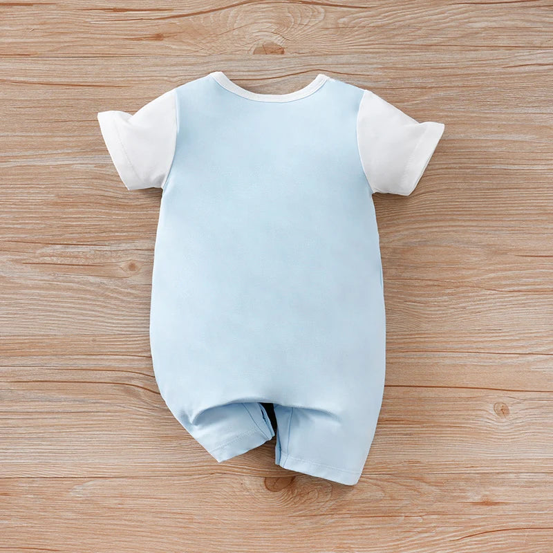 Newborn Baby Summer Short Sleeve Round Neck One-Piece Romper, Bear Print, Fake Two-Piece Strap, Soft & Comfortable