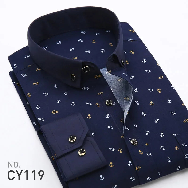 New Men's Printed Long Sleeve Shirt Korean Slim Youth Plaid Versatile Shirt Casual Fashion Floral Inch Shirt Iron-free Process