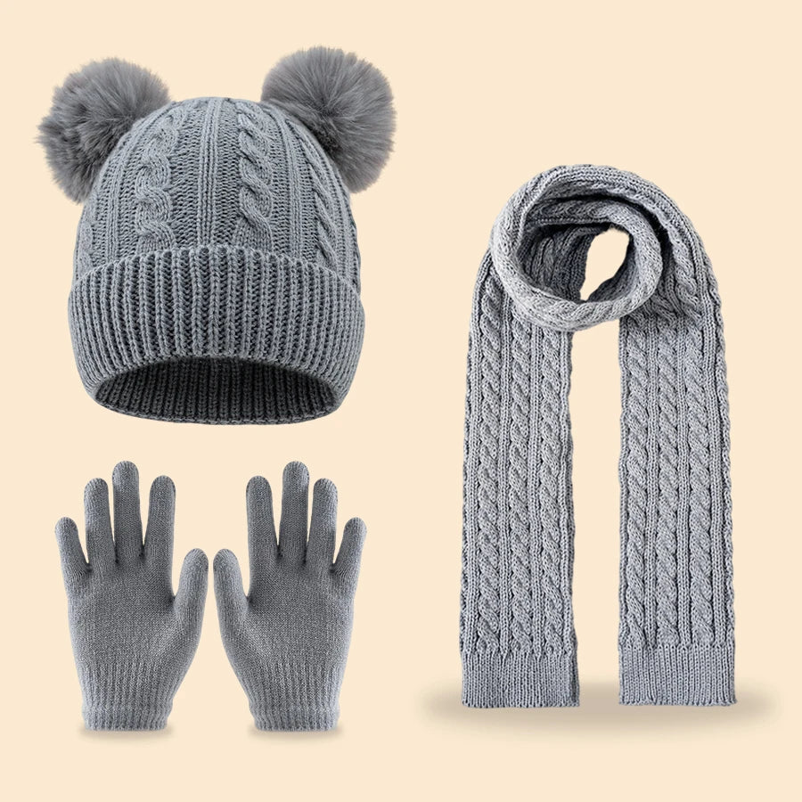 A winter cute double-ball fleece and thickened set of 3-14Y children's tassel scarves, hats and gloves