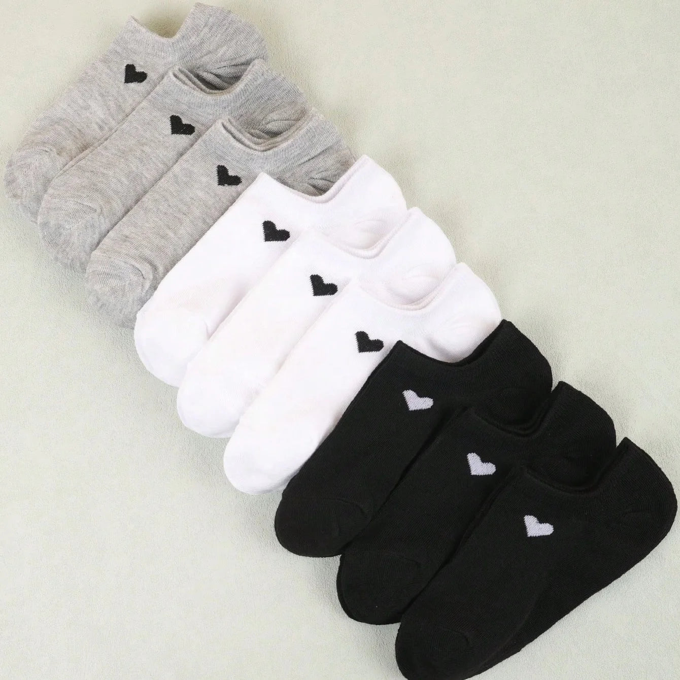 Women's No-Show Socks – Heart Pattern, Black, White & Gray, Versatile and Classic, Comfortable, Breathable, Moisture-Wicking