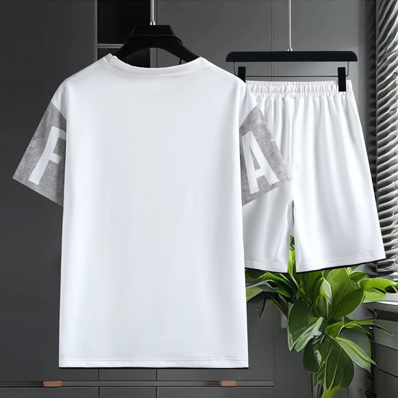 Men's 2-Piece Outfit Set: Graphic T-Shirt & Drawstring Shorts Casual Summer Set Vacation Clothes Gym Shorts Necklace Included