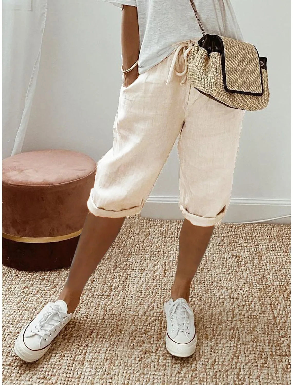 Shorts Women summer cotton linen elastic waist pocket elastic casual pants five quarter women's clothing YRW911