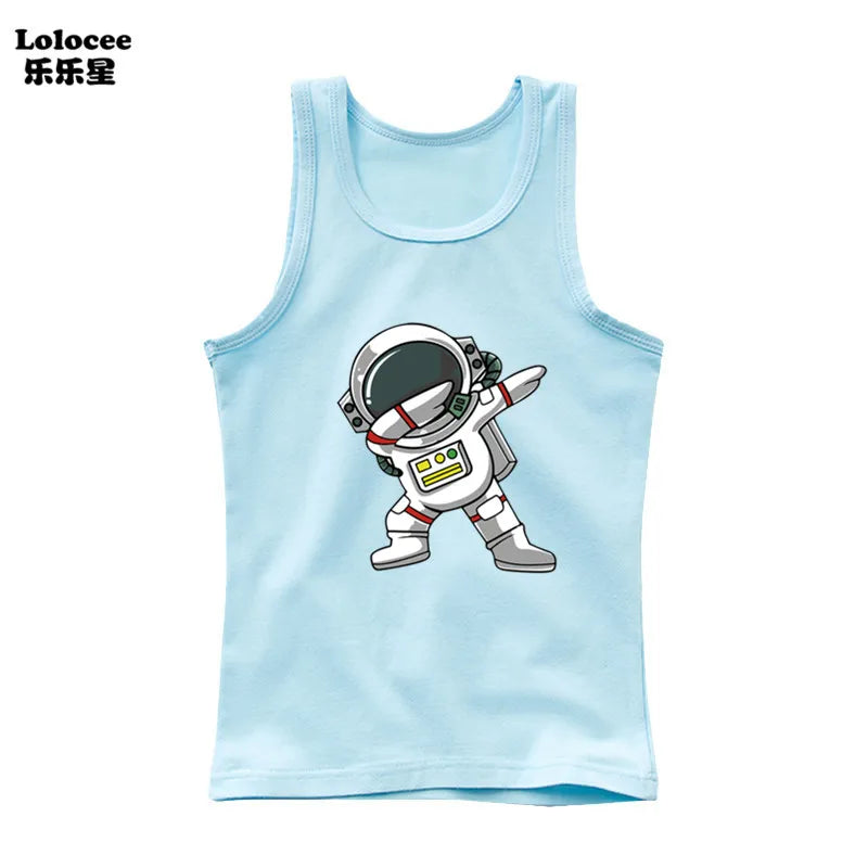 2024 Toddler Kid Clothes Summer Cotton Vest Top Boys Sleeveless Cartoon Dabbing Astronaut T-shirt Children Singlets