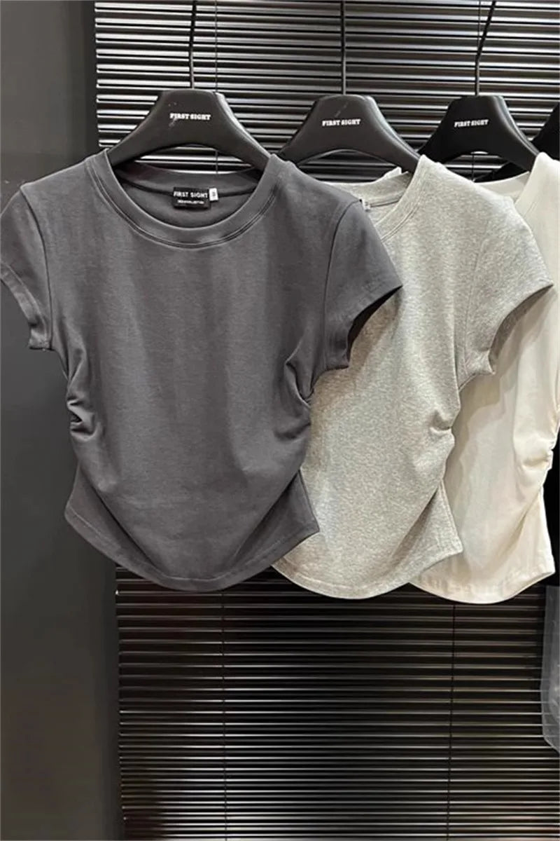 2026 Summer Y2K T shirt Women Solid Color Kpop Vintage O-neck Crop Tops Woman Slim Skinny Pullover Clothing Clothes Ruffled Tees