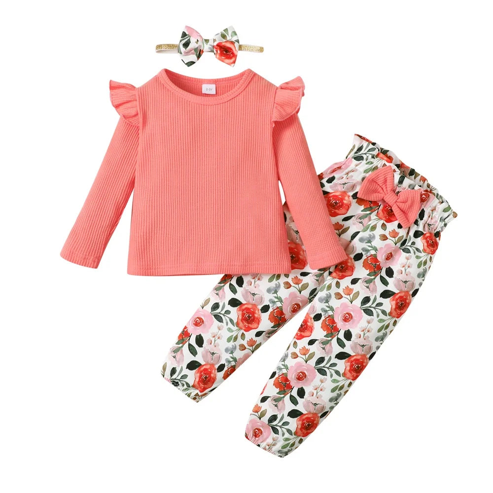 1-5Years Toddler Girl Clothes Set Long Sleeve Solid Color Top+Floral Pants  Fashion Spring & Autumn Little Girl Clothing Outfit