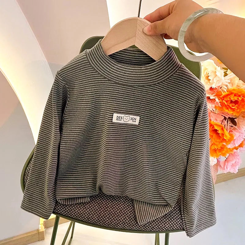 Children's Autumn Winter Clothing Long Sleeve T-shirt Striped Turtleneck Toddler Boys Girls Tops Fashion Undershirt