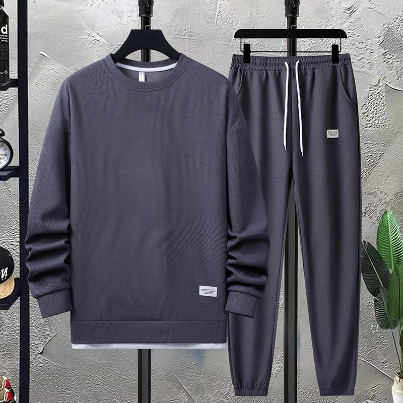 Summer Men's Waffle Sets Casual T-Shirt And Shorts Set Male Sports Suit Solid Color Tracksuit Loose Suits Size