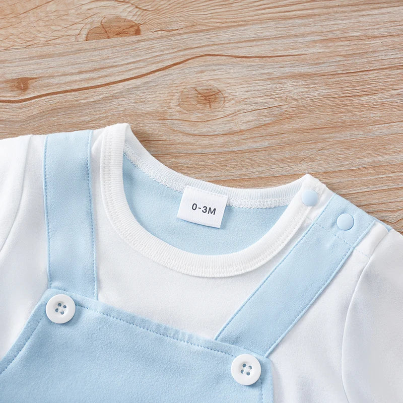 Newborn Baby Summer Short Sleeve Round Neck One-Piece Romper, Bear Print, Fake Two-Piece Strap, Soft & Comfortable