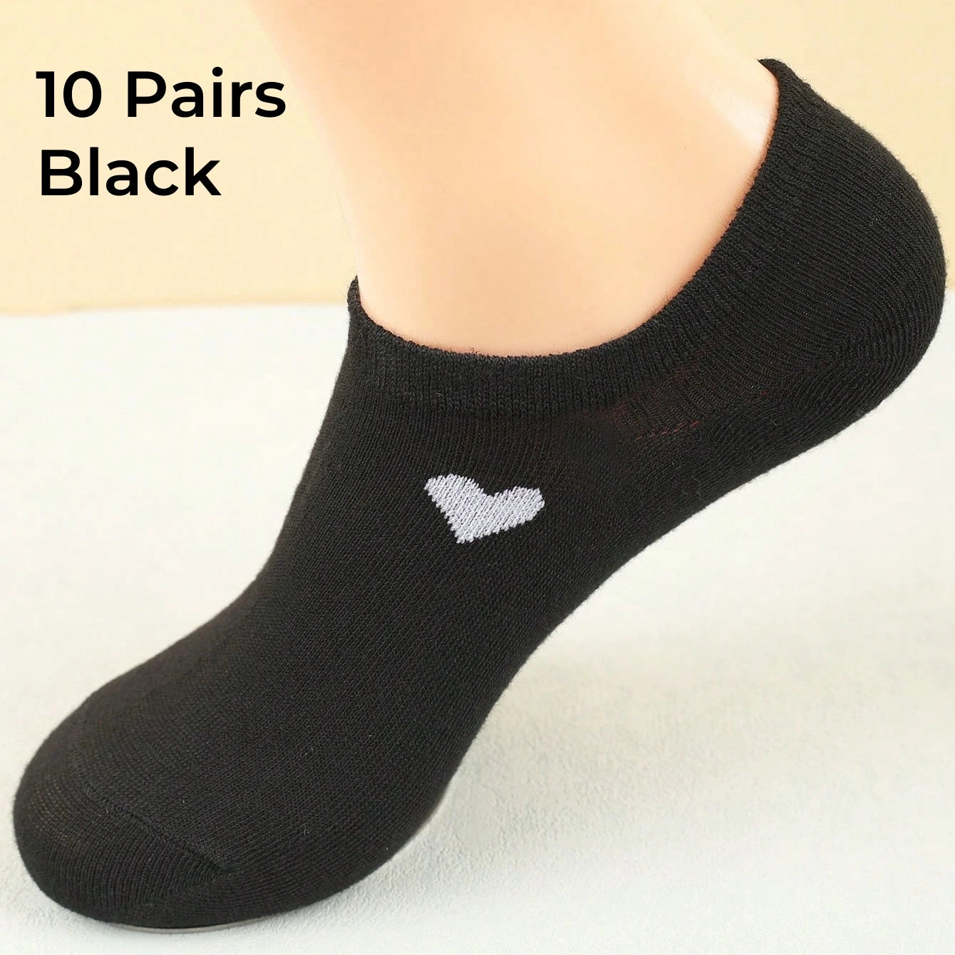 Women's No-Show Socks – Heart Pattern, Black, White & Gray, Versatile and Classic, Comfortable, Breathable, Moisture-Wicking