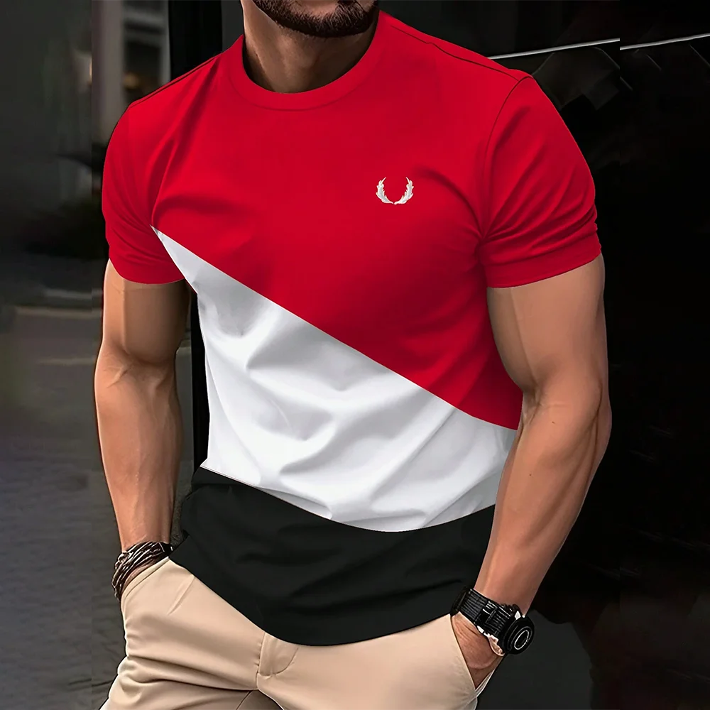 2025 Fashion Men's Color Blocking Printed T-Shirt Casual Street Male Crew Neck Short Sleeve T Shirt Large Size Menswear Clothing