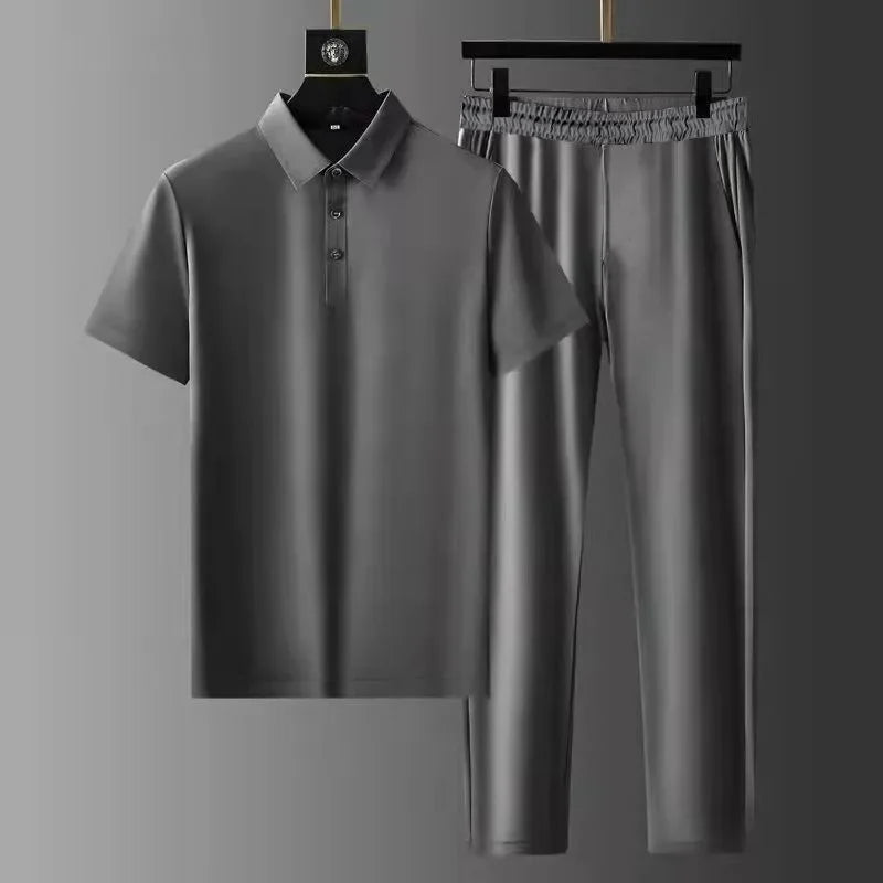 2025 Summer New Fashion Solid Color Comfortable Breathable Sports Suit Men's Business Leisure Loose Size Two-Piece Set M-4XL
