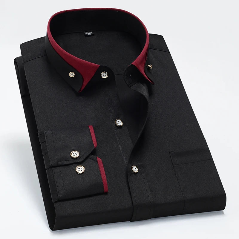 Hot Sale Men's Business Dress Shirts long Sleeve Contrast Collar Social Camisa With Diamond Anti-wrinkle Button Down Black Blue